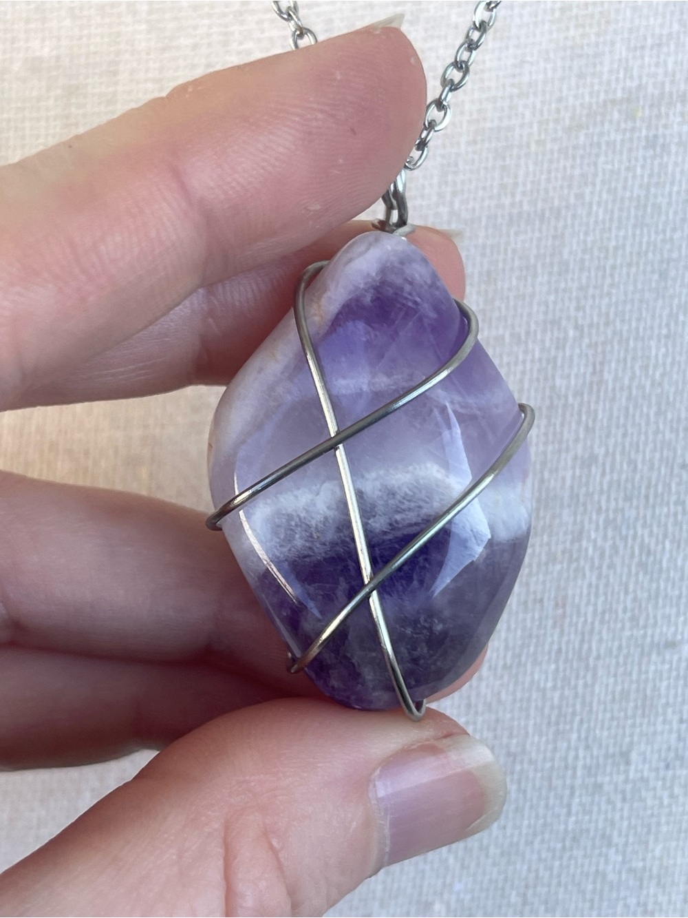 Amethyst Stainless Steel Silver Wire Wrap Necklace